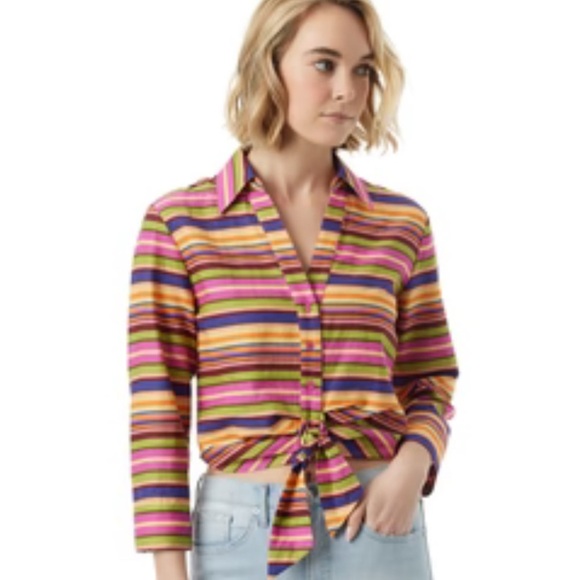 Jessica Simpson Linen Blend Rose Violet Rainbow Stripe Tie Front L/S Shirt XL - Picture 1 of 9